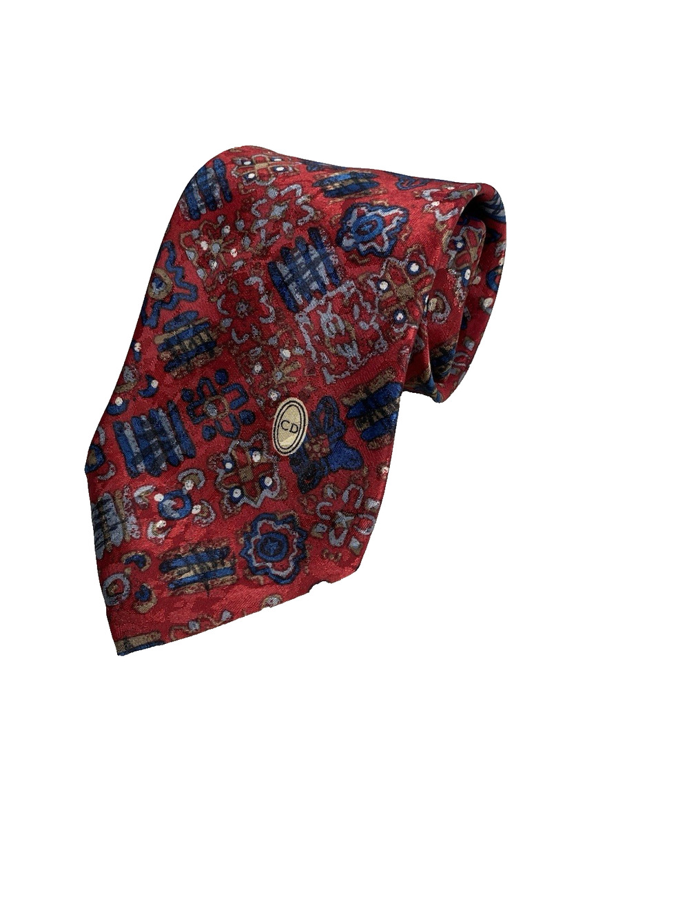 Christian Dior Monsieur Neck Tie Red & Blue Geometric 3.5”W x 57”L USA Made